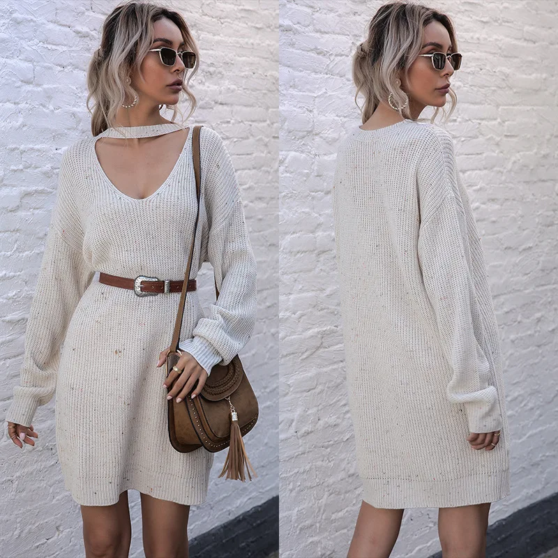 

sweater dress women 2021 Pure color casual deep V fall winter loose halter mid-length sweater