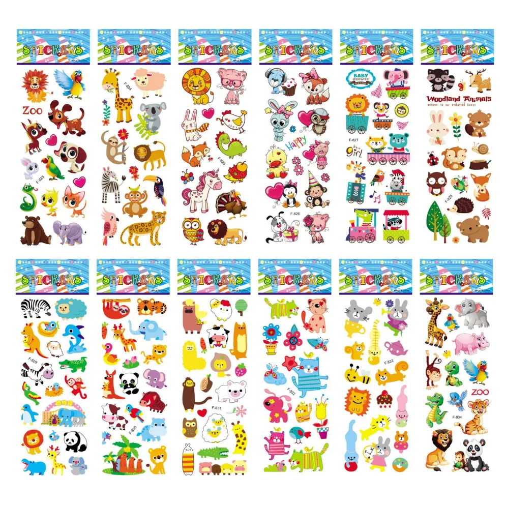 

12 Sheets/Pack Kids Stickers 3D Puffy Bulk Cartoon Zoo Animal Scrapbooking Reward and Praise Stickers for Girl Boy Birthday