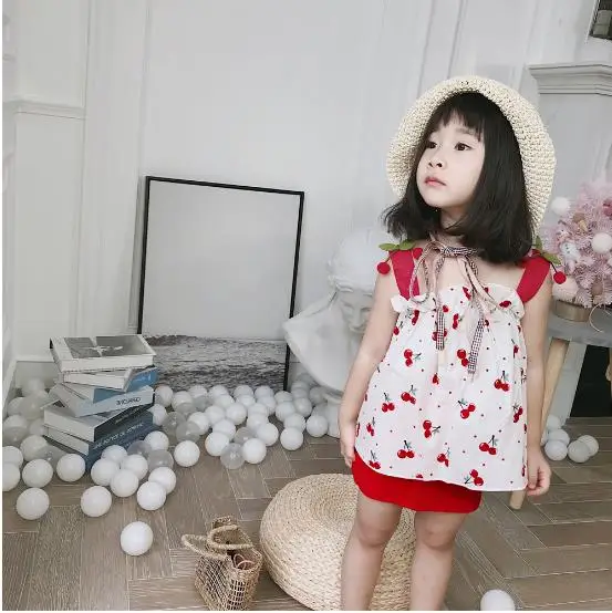 

Новинка 2021, летний комплект для девочек, топ с подтяжками в виде вишни и шорты