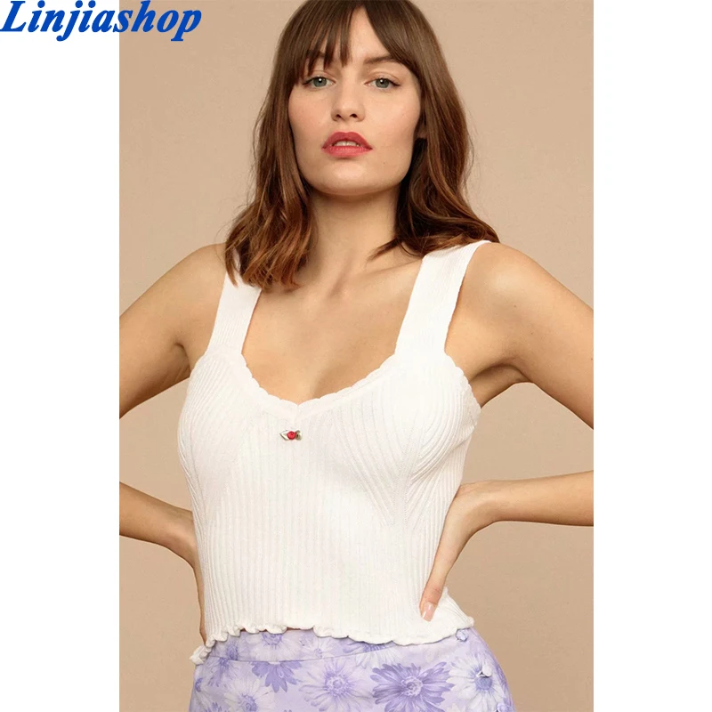 

Cute Candy Color Women Tank Top Elegant Center Floral Appliques Slim Knitted Female Camisole