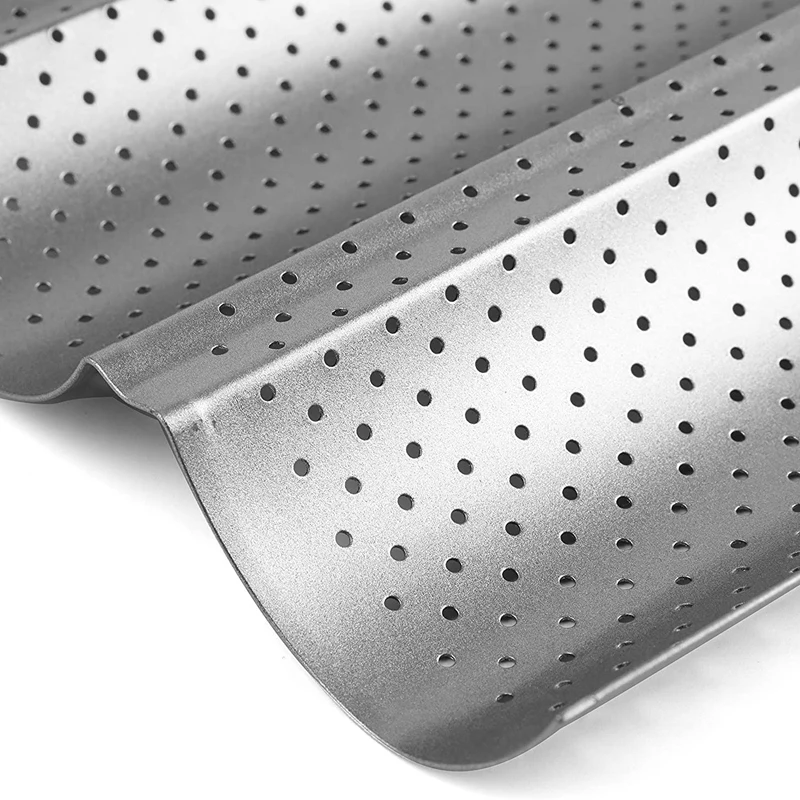 2-Piece French Bread Baking Pan Non-Stick Perforated Rectangular 4 Wave Wavy Leaf Mold |