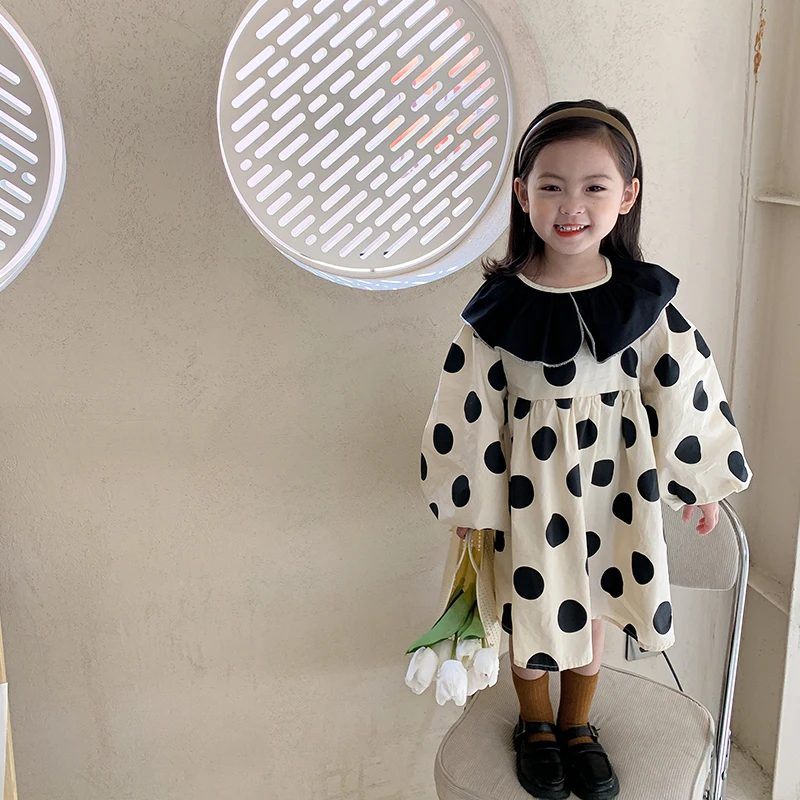 

MILA CHOU 2021 Spring Autumn Girls Cotton Dot Print Vintage Dress Lantern-sleeve Turn-down Collar Cute Children Dress 2-8Y