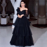 elegant tulle black off shoulder evening dresses 2021 tiered v neck long sleeves formal prom gowns simple plus size ankle length
