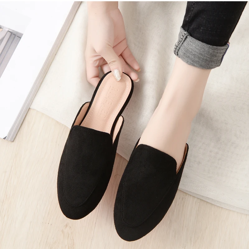 

Women Home Slippers Flock Mules Shoes Fashion Casual Flat Rubber Soled Slides Summer Outside Leisure Suede Shoes 41-44