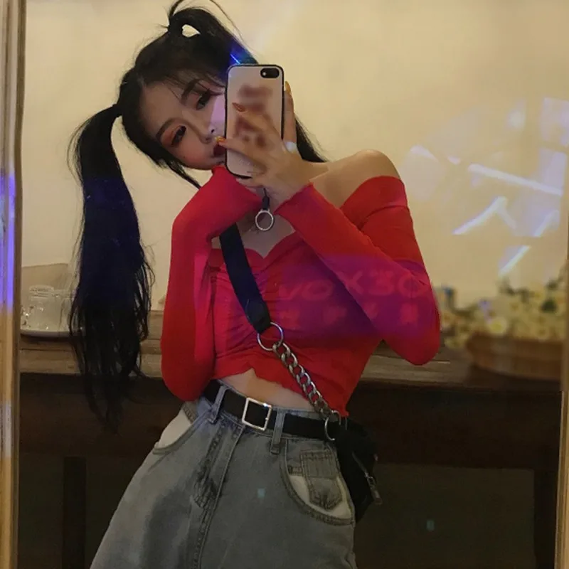 

Ladies sexy casual long sleeve solid pullover crop tops word collar sexy slim slimming exposed navel long-sleeve T-shirt