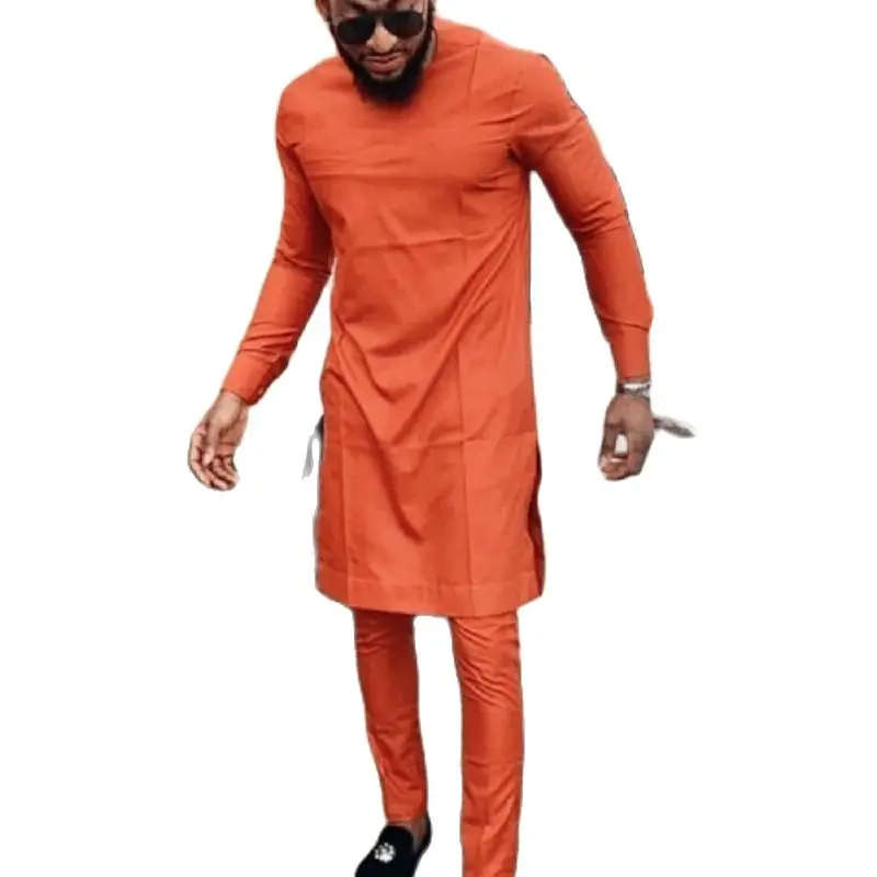 Man Shirts Matching Pants African Fashion Solid Orange Tops+Trousers Custom Made Men's Outfits Pant Set Party Clothes | Тематическая
