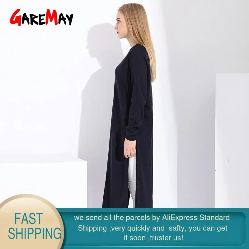 Long Knitted Sweater Women Fashion Autumn Outwear Sweaters For Ladies Pullovers Thin Side Slit Dress Women's | Женская одежда