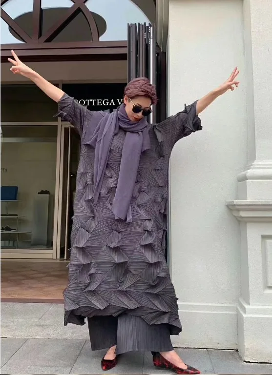 Горячая Miyake модное плиссированное платье со складками и бриллиантами, одноцветное Свободное длинное платье со стоячим воротником - Цвет: Серый