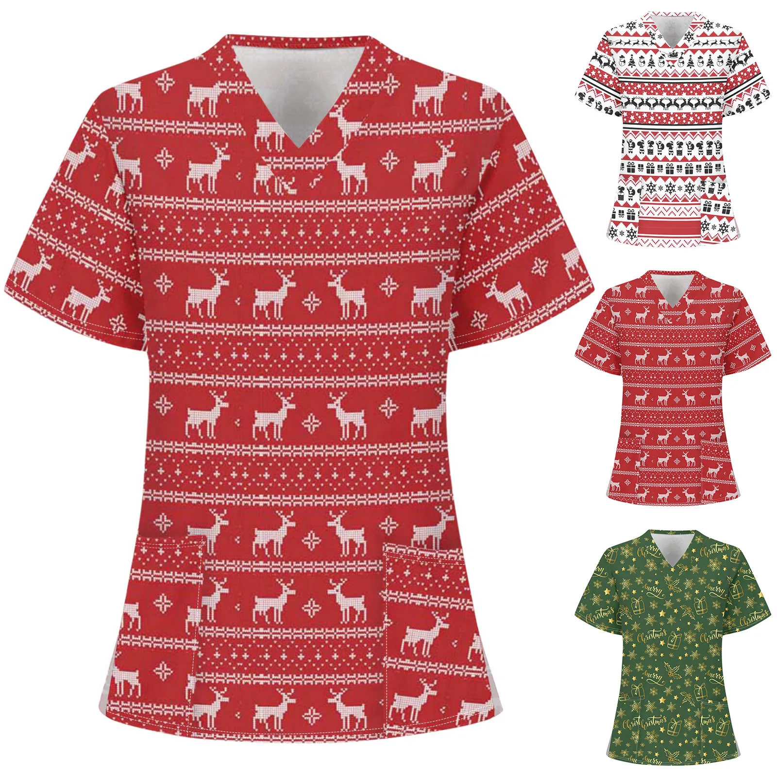 

Christmas Nurse Uniform Santa Claus Printing V-neck Tops Women T Shirt Short Sleeve Working Uniform Christmas Nurse Accessories