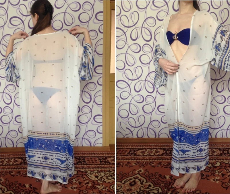 Bohemian Printed Ankle Length Beach Cover Up Plus Size Women Summer Beachwear Chiffon Bathing Suit Coverup Kimono Cardigan N23