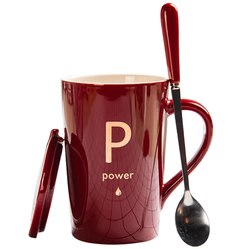 

14.78oz Letter Mug Creative Ceramic Cup Coffee Cup Tea Mug With Lid & Spoon Travel Camping Tea Milk Cups Home Office School