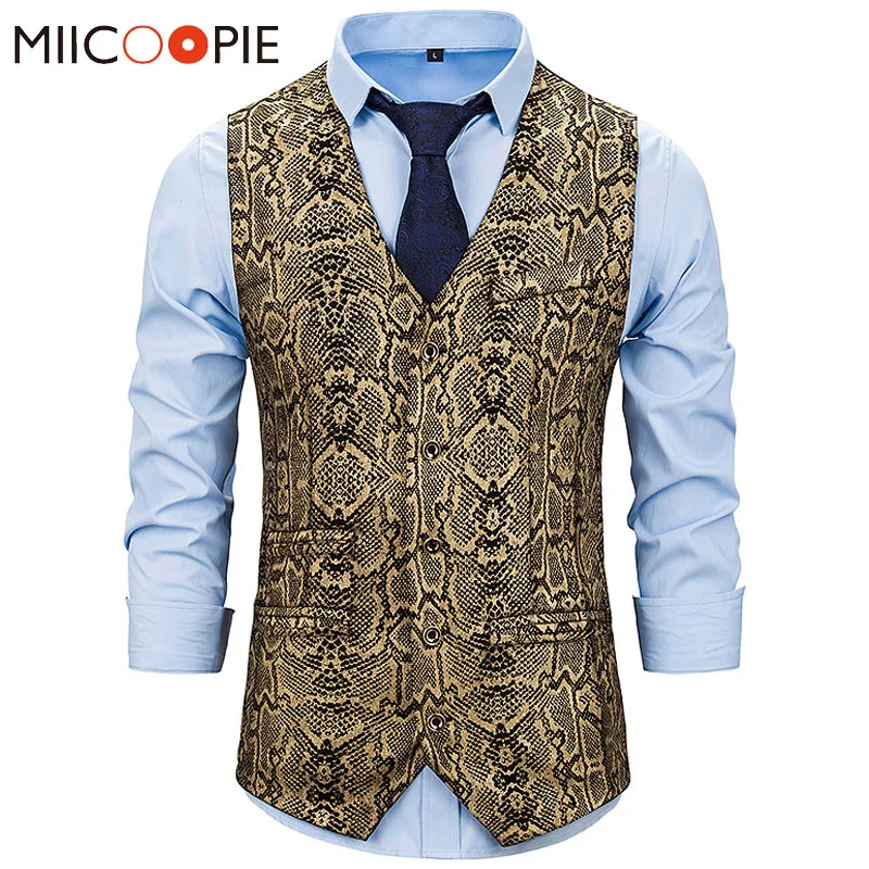

Snake Skin Print Bronzing Vest Men Nightclub Prom Slim Fit Colete Social Masculino Vintage Single Breasted Sleeveless Waistcoat