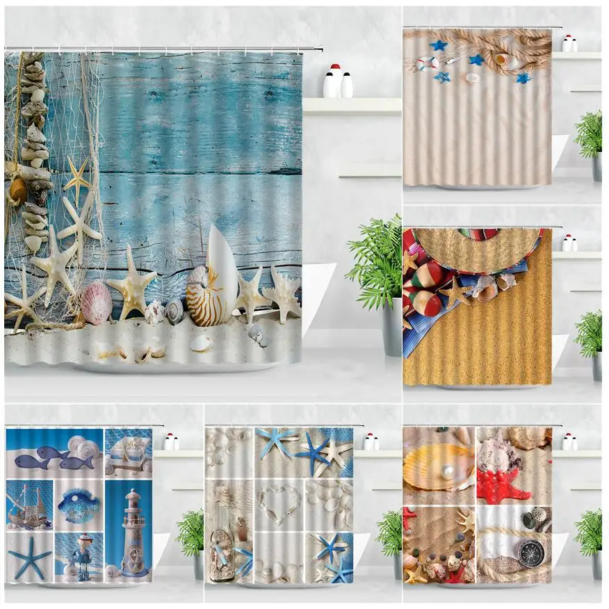 

Синяя деревянная занавеска для душа в стиле ретро, Пляжная раковина с морскими звездами, Современный домашний декор, экран для ванной, водон...