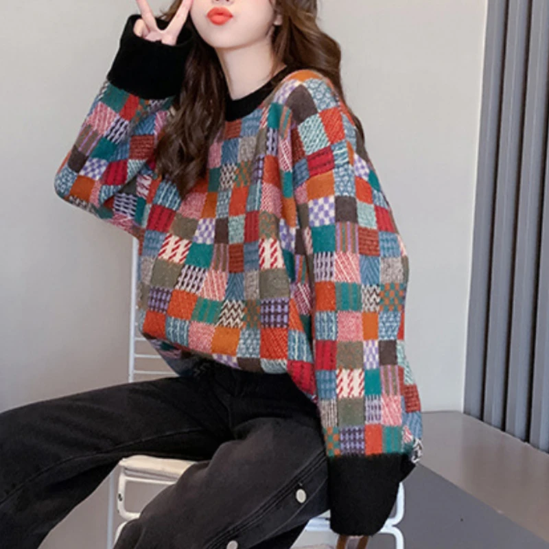 

Contrast Color Plaid Retro Pullover Sweater for Women Korean Style Colored Striped Check Loose Sweater