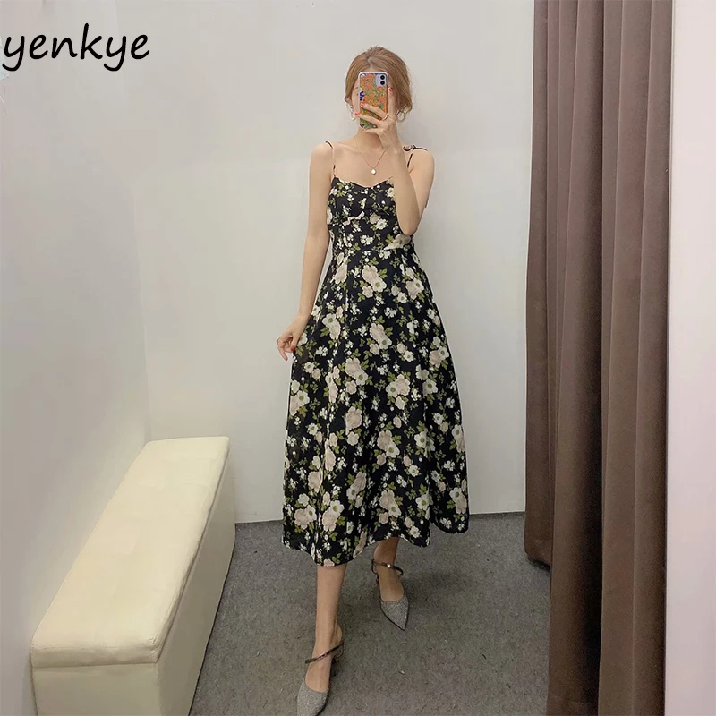 

Vintage Floral Print Dress Women Sexy Backless Sleeveless Spaghetti Strap Dress Modern Female A-line Midi Summer Chiffon Dress