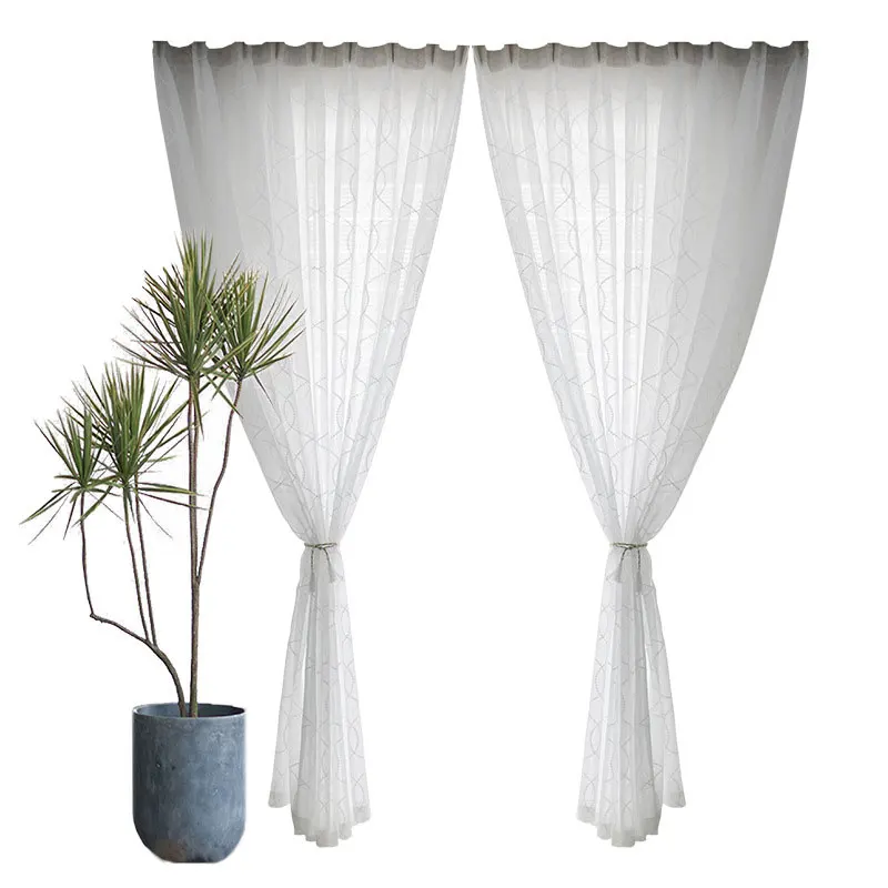 White Embroidery Tulle Curtains for Living Room Modern Geometry Curve Sheer Voile Curtain Bedroom Blind Drape Door Custom | Дом и сад