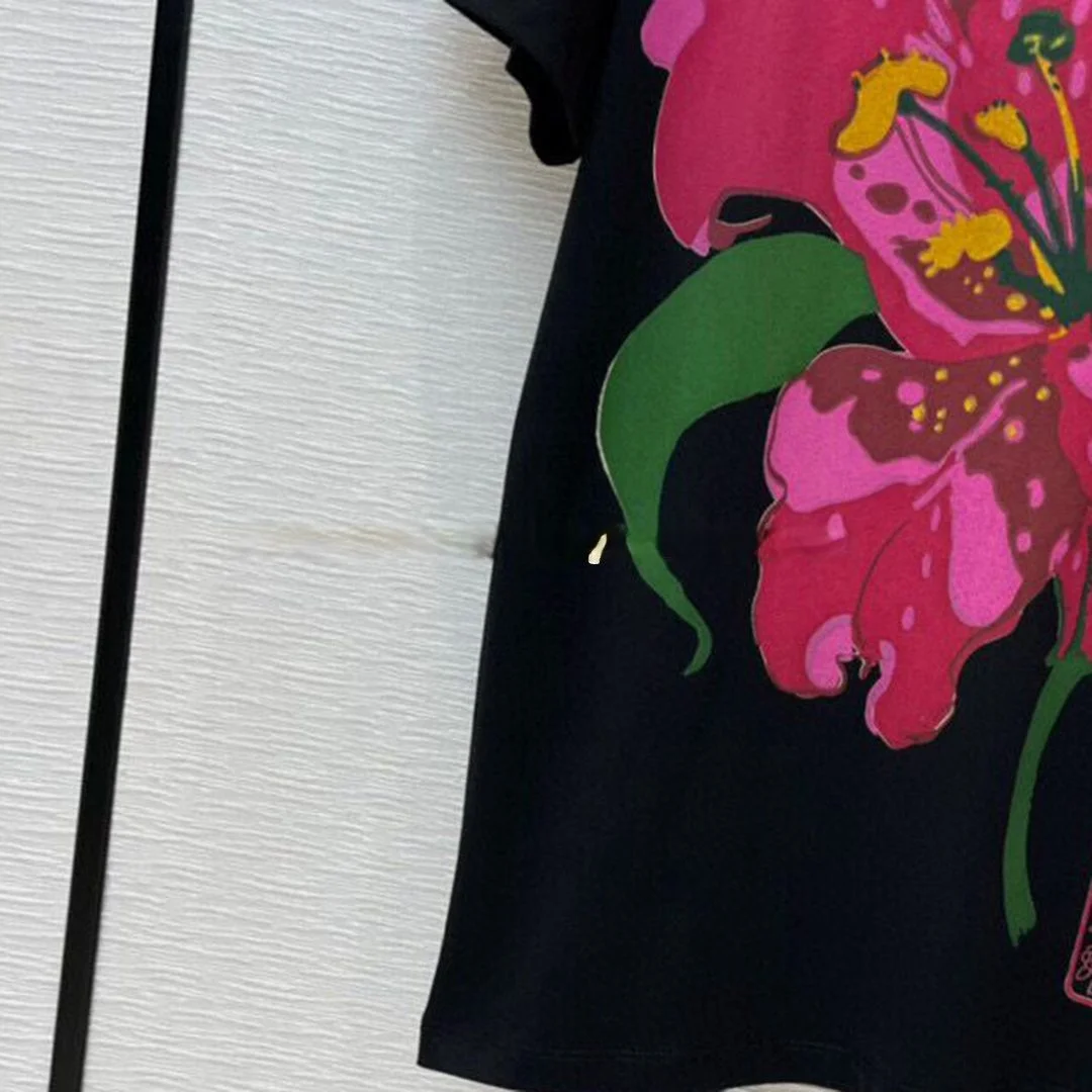 

Runway Trend Big Flower Print T-shirts Women 2021 New Summer Casual O-neck Short Sleeve Tees Fashion Cotton Loose T-Shirts Tops