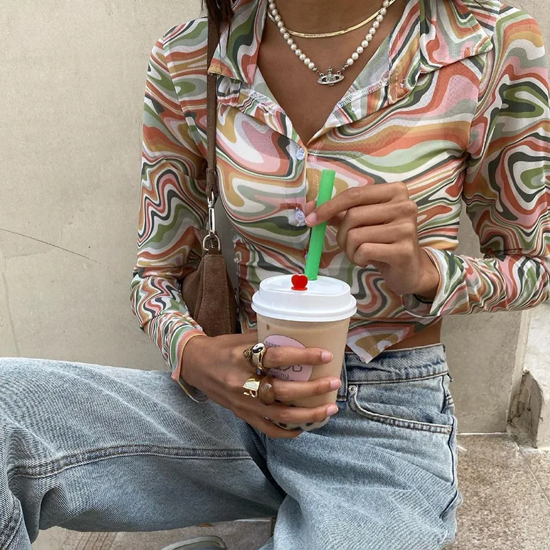 

2021 New Fashion Summer Women Skinny Turn-Down Collar Floral Print Mini Sexy Casual Short Shirt Hot Tee Tops
