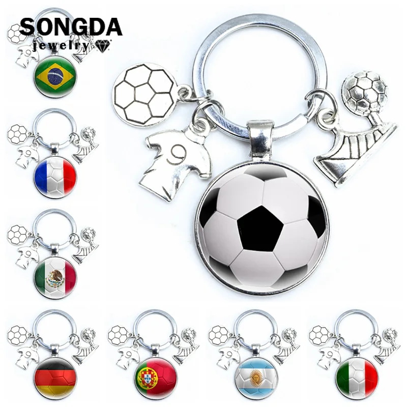 

Creative Soccer Keychain Fashion Cabochon Glass World Countries Flag Metal Pendant Keyring National Football Lover Gifts Jewelry