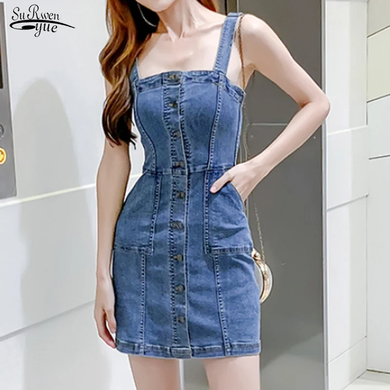 

Summer Korean Vintage Casual Vintage Woman Dresses Spaghetti Strap Denim Dress Sexy Jeans Button Blue Party Dress Women 13349