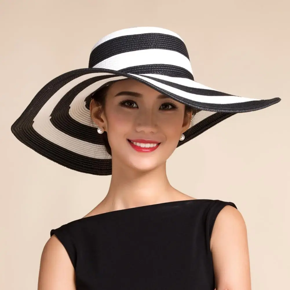 

Women Fashion Stripe Wide Brim Floppy Straw Hat Foldable Summer Beach Sun Cap Beautiful Women Straw Beach Hat Large Brimmed Hat