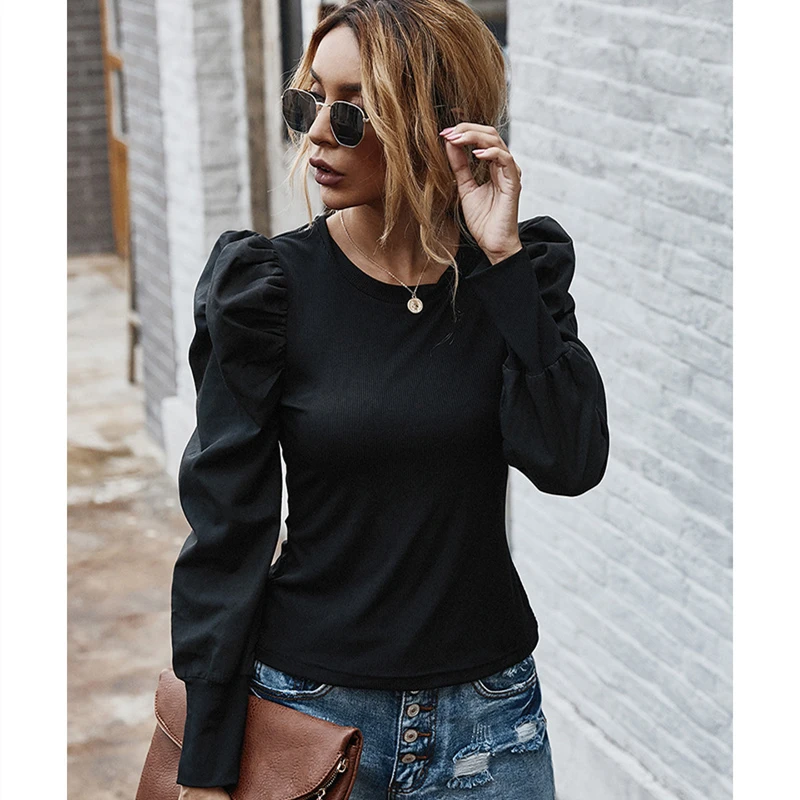 

Plus Size Long Sleeve Women Tshirts 2020 Autumn Solid Puff Sleeve Vintage Tops