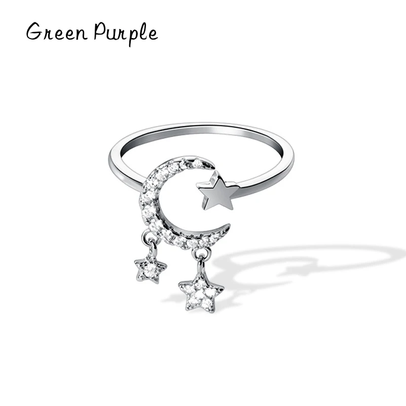 

%100 925 Sterling Silver Open Szie 6-8 Zircon Stars And Moon Elegant Female Finger Ring For Women Adjustable Fine Jewelry Anillo