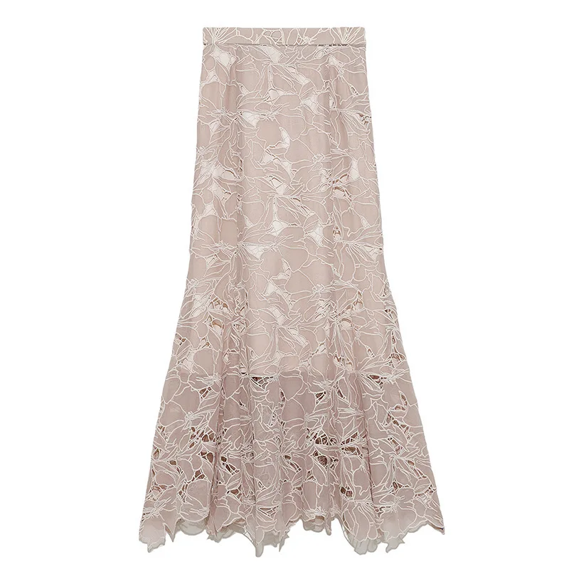 

2021 Spring Summer New Product Japanese Temperament Hollow Crochet Lace High Waist Mermaid Skirt Women