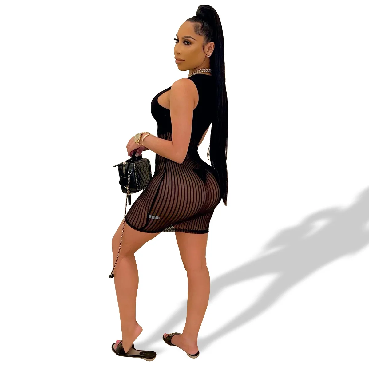 

Night Club Party Women Dress 2021 Summer Fashion Round Neck Sleeveless Sexy See Through Mesh Patchwork Lady Bodycon Mini Dress