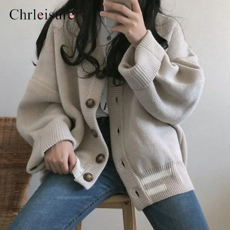 CHRLEISURE Women Cardigan Sweater Single Breasted Bat Sleeve V-neck Long Knit Loose Coat Autumn |
