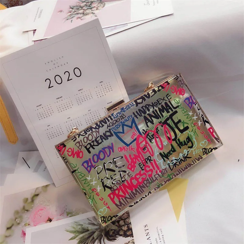 

Fashion Square Box Acrylic Graffiti Bag Casual Tote Shoulder Bag Women Handbag For Travel Colorful Graffiti Purse Wholesale