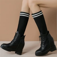 women lace up cow leather high heel mid calf boots female knitting round toe thigh high pumps shoes high top fashion sneakers