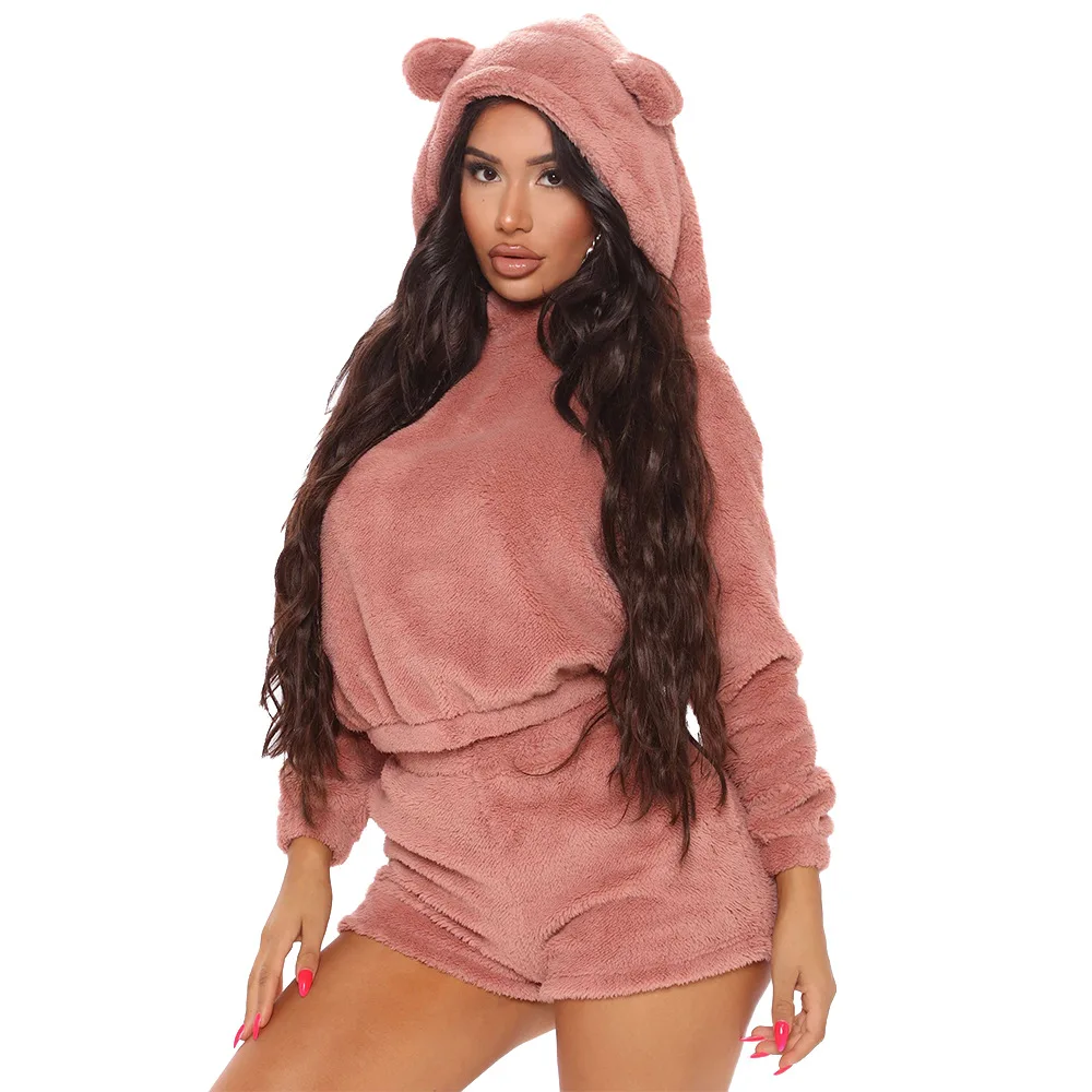 

2020 Winter Women Solid Keep Warm Double-faced Pile Two Piece Sets Sweet Girl Hooded Sweatshirts High Waist Mini Shorts Outfits