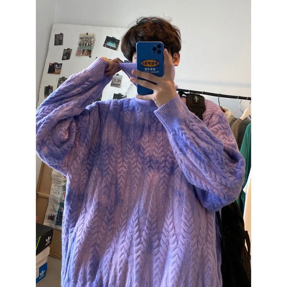 

Men's Loose High Neck Pullover Sweater Contrast Gradient Color Sweater Youth Trend Autumn and Winter Jacket