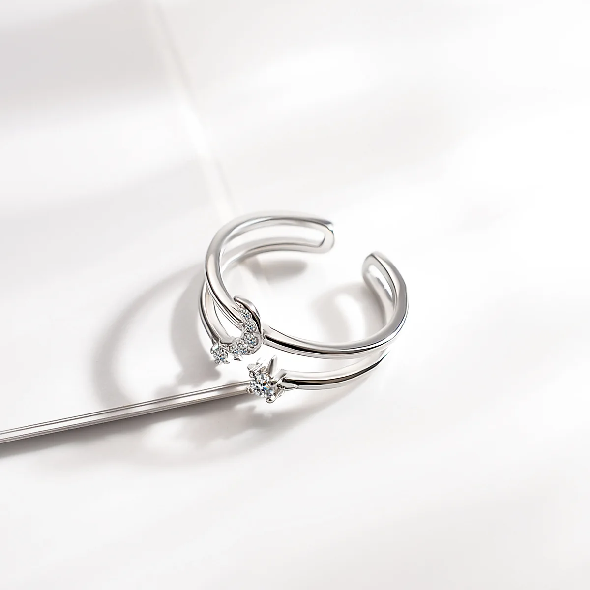 Silver Plated Design Moon Double Deck Ring Fashion Lady AAA Cubic Zirconia Star Open Simple Luxury Girl Valentine Day Gift | Украшения и