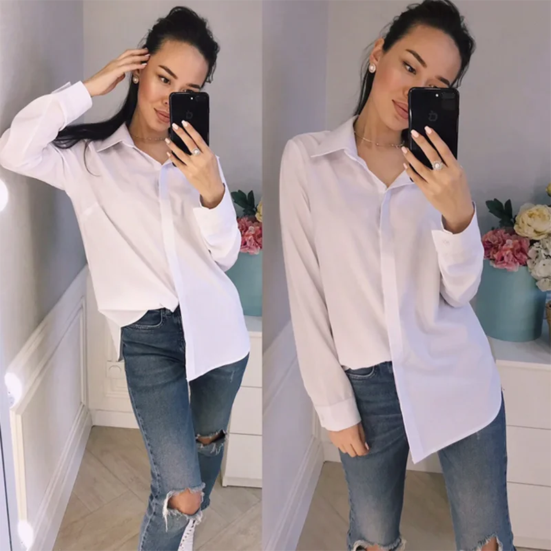

White Casual Blouse Office Work Elegant Long Sleeve Turn Down Collar 2020 Summer OL Style Tops And Blouse