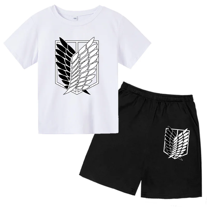 

Japanese Attack Giant T-shirt shorts 2-piece set Anime children boy cartoon T-shirt shorts 2-piece casual streetwear T-shirt top
