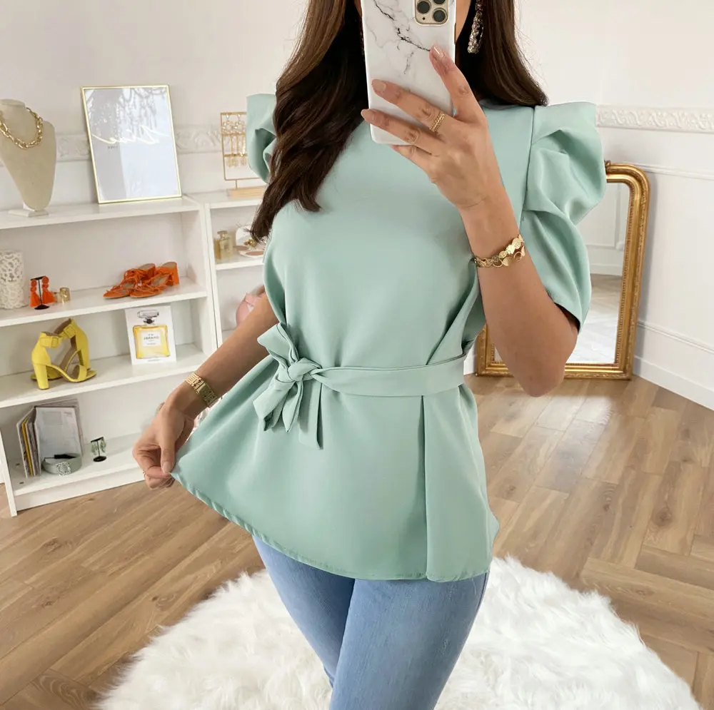 

Elegant Blusas Mujer De Moda 2020 ZA Purple O-Neck Ruched Puff Sleeve Bandage Sashes Chiffon Blouse Women Aesthetic Camisas Ropa