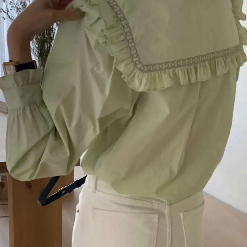 

Elegant Wooden Ear Patchwork Solid Blouse Women Single Breast Long Sleeve Blusas Spring 2021 New Loose Shirt Feminino