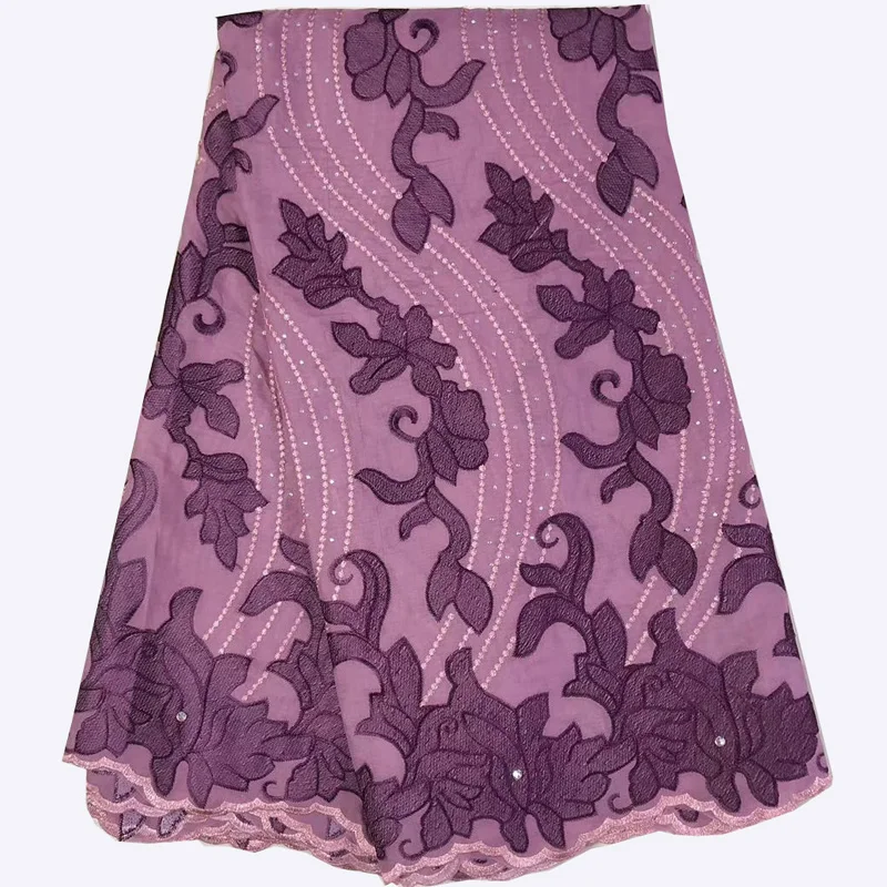 (5 ярдов/шт.) новейшая Африканская Хлопковая кружевная розовая фиолетовая швейцарская вуаль кружевная ткань с красивой вышивкой для вечерне...