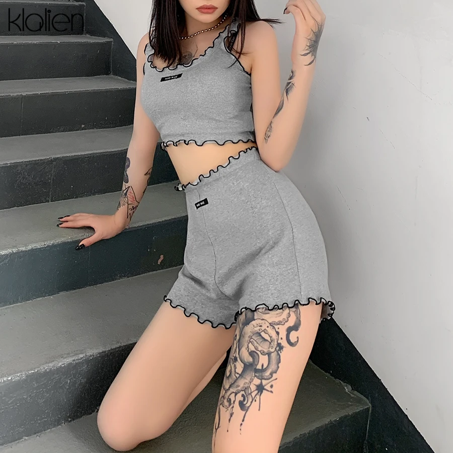 KLALIEN summer women casual two piece set leisure print letter gray cotton top and short activewear sport outfit |