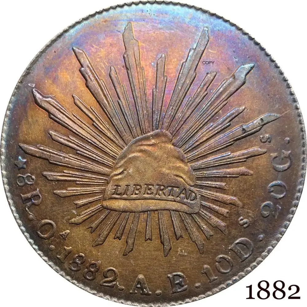 Мексиканская Республика мехикана 1882 A E 8 Reales Libertad Орел со змеей на кактусе сияющая шапка с лучами Посеребренная копия монет