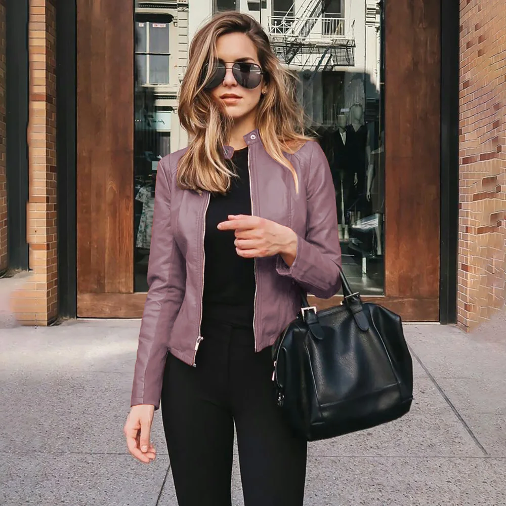 Casual Solid Color Zipper Women Jacket 2022 New Product Hot Sale Autumn Winter Fashion Stand Collar Slim Leather PU Small Suit