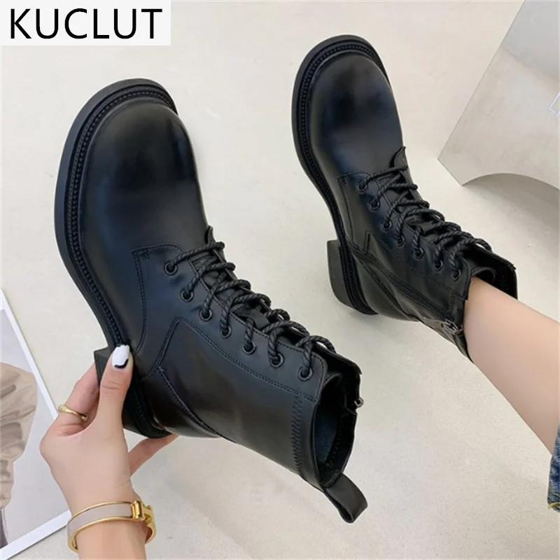 

2021 Autumn New Pu Leather Comfortable Lace-up Martin Boots Outdoor Platform Retro Side Zipper Women's Ankle Boots Booties Mujer