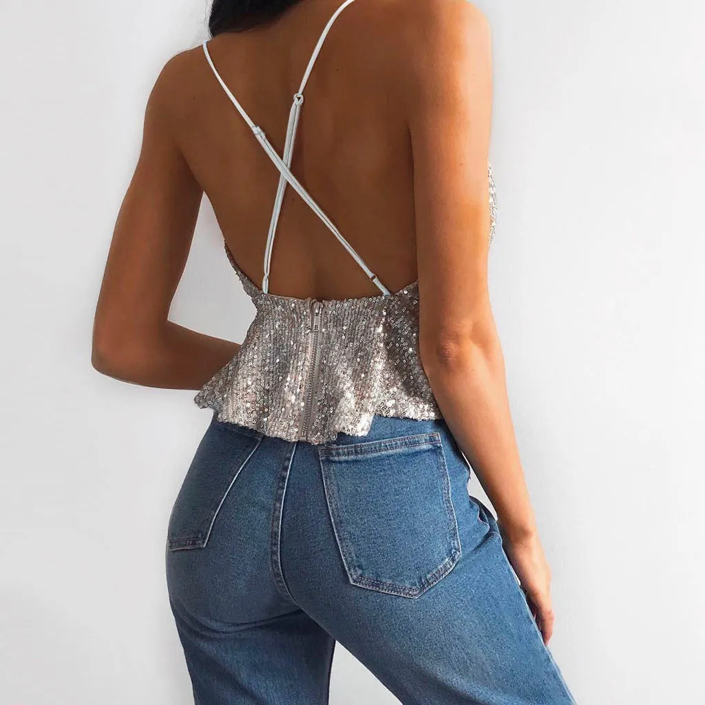 Женский топ с блестками и V образным вырезом без рукавов|Майки| |