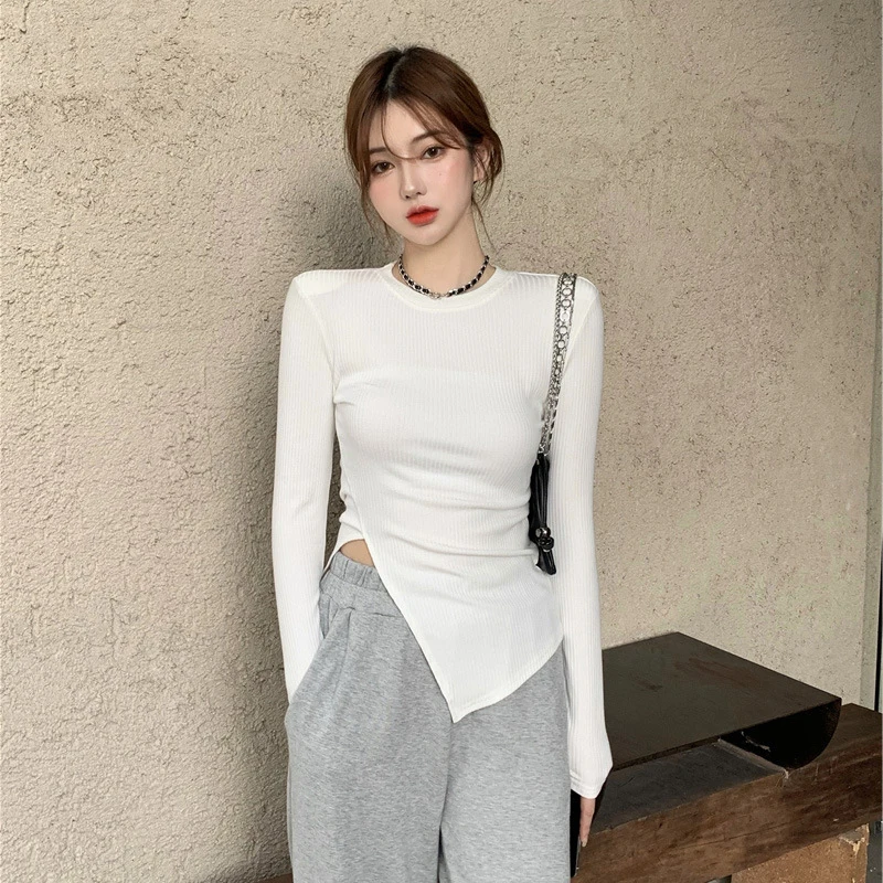 

Side Slit Irregular Tunic Sexy Slim Women Long Sleeve T Shirt Fall Sale Basic Solid New Casual Harajuku Top White Korean Fashion