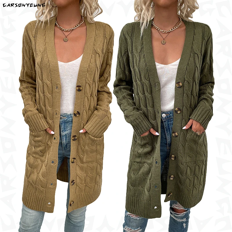 CARSONYEUNG Vintage Twist Cardigan Women Sweater Knitwear 2021 Autumn Winter Female Long Knitted Coat Button Cardigans New |