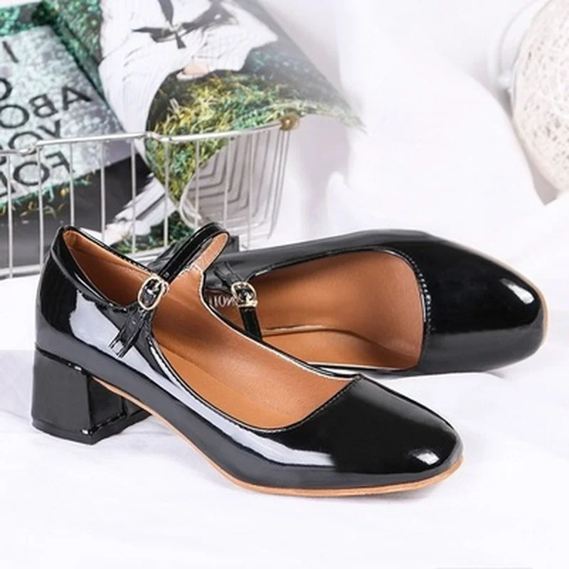 

New Women Dress Shoes Medium Heels Mary Janes Shoes Patent Leather Pumps Ankle Strap Ladies Shoe Office Zapatos Mujer