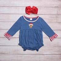 autumn girls clothes red striped cuffs dark blue long sleeves christmas cow head embroidery pattern toddler baby romper