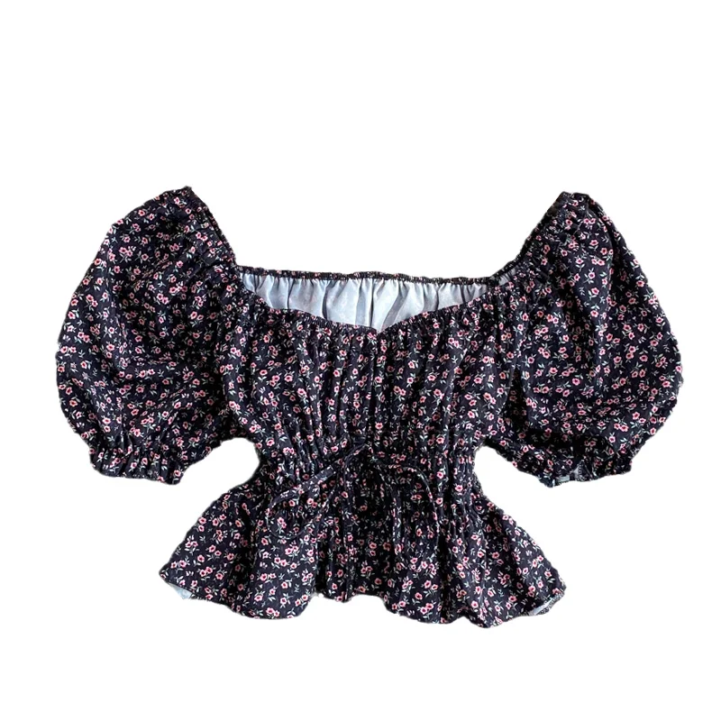 

neck Floral Chiffon shirt women's 2021 summer new style foreign style close waist lotus leaf swing Bubble Sleeve Jacket